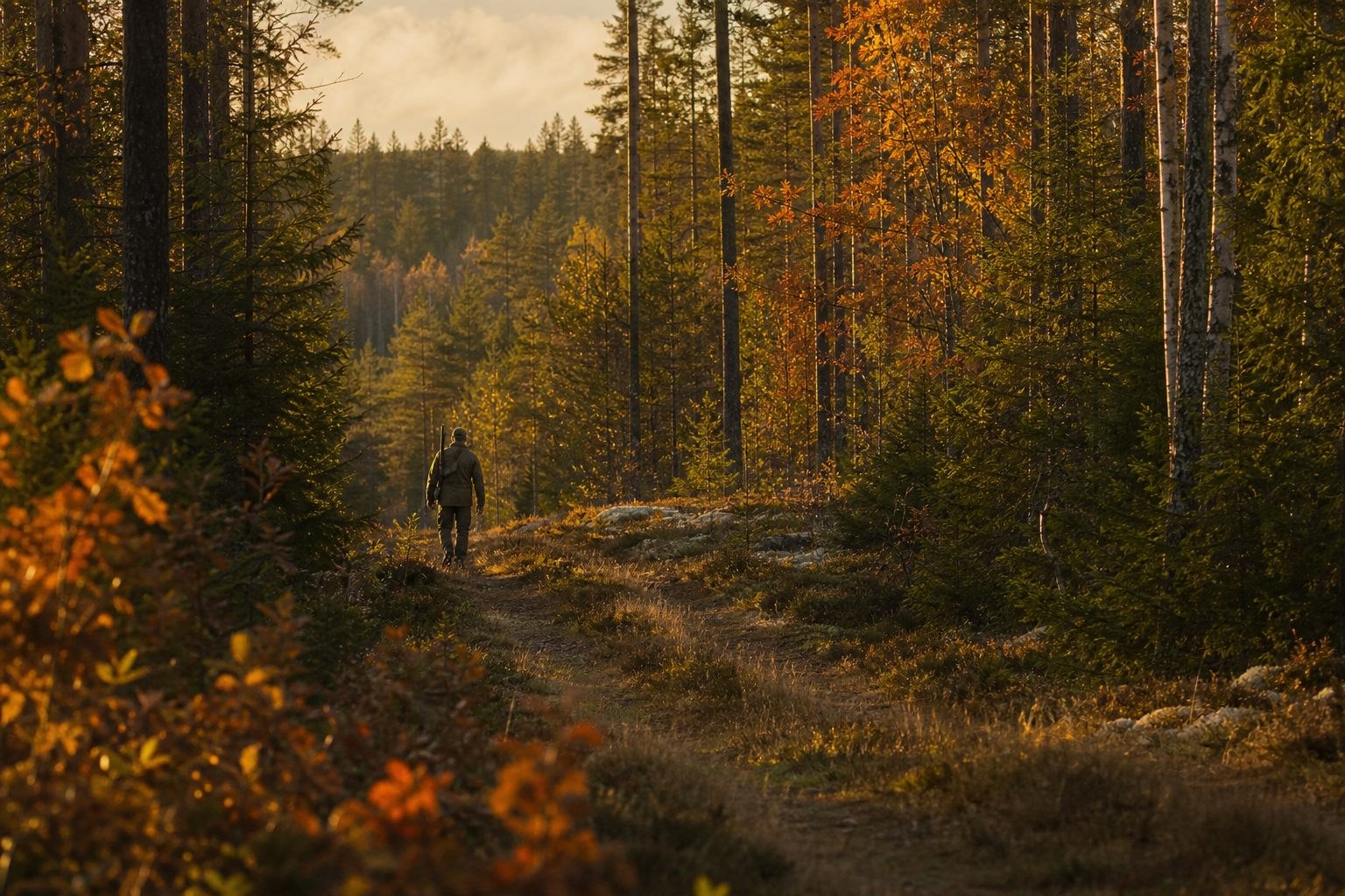 Visiting hunter on an autumn trail in a Swedish forest with a cased rifle