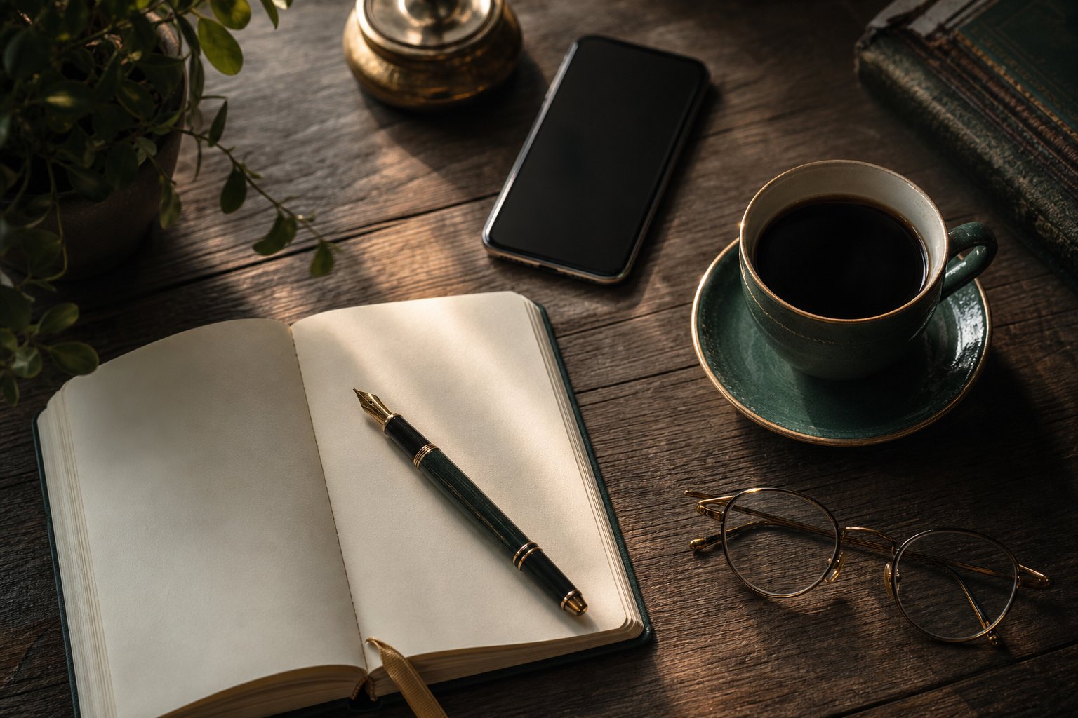 Notebook, pen, phone and coffee on a desk during a free hunting licence consultation