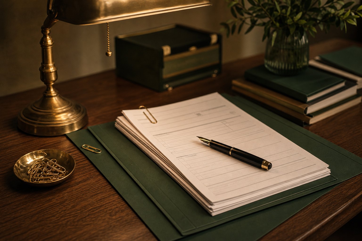 Neatly prepared firearm licence application documents in a green folder under a desk lamp