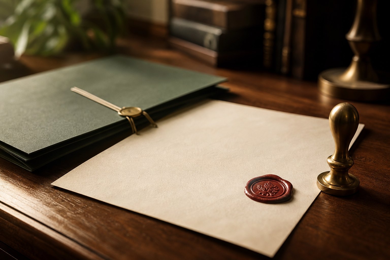 An approved official letter with a wax seal and a brass stamp on a wooden desk
